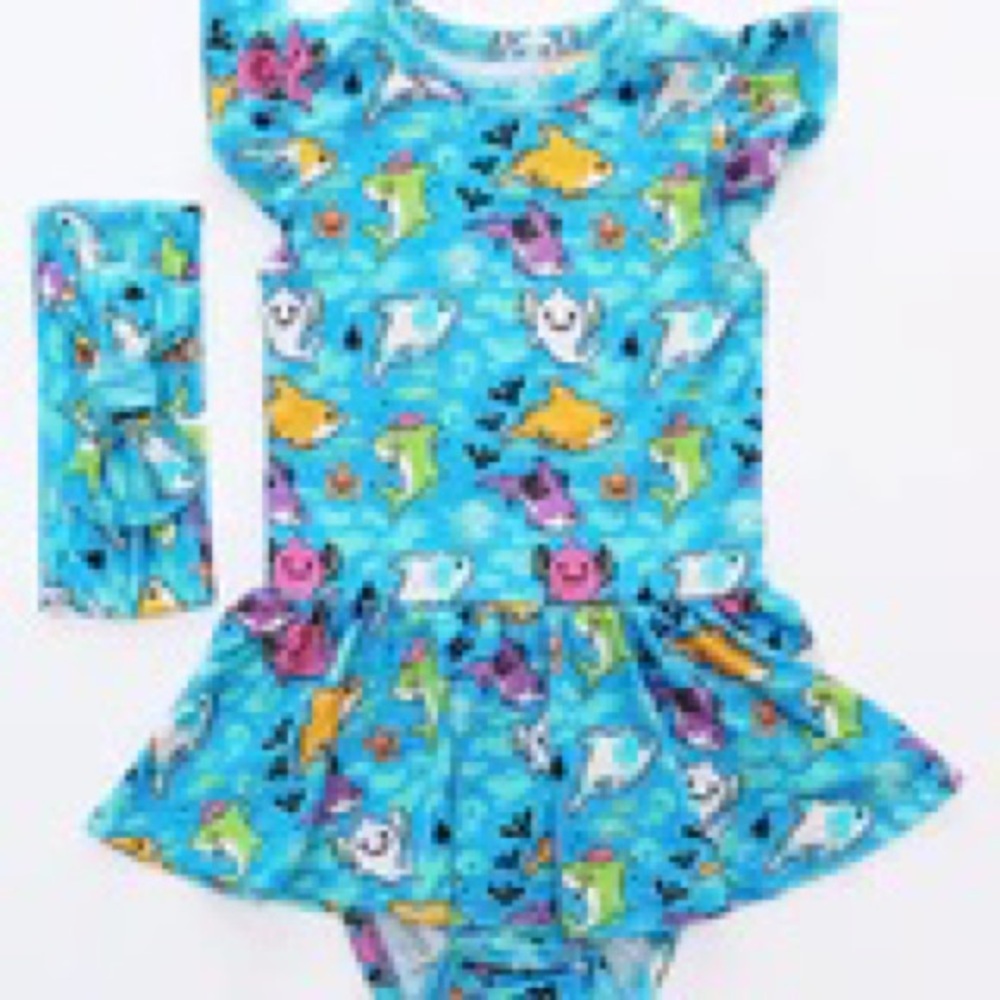 Little snuggles bamboo baby shark twirl skirt bodysuit with headband